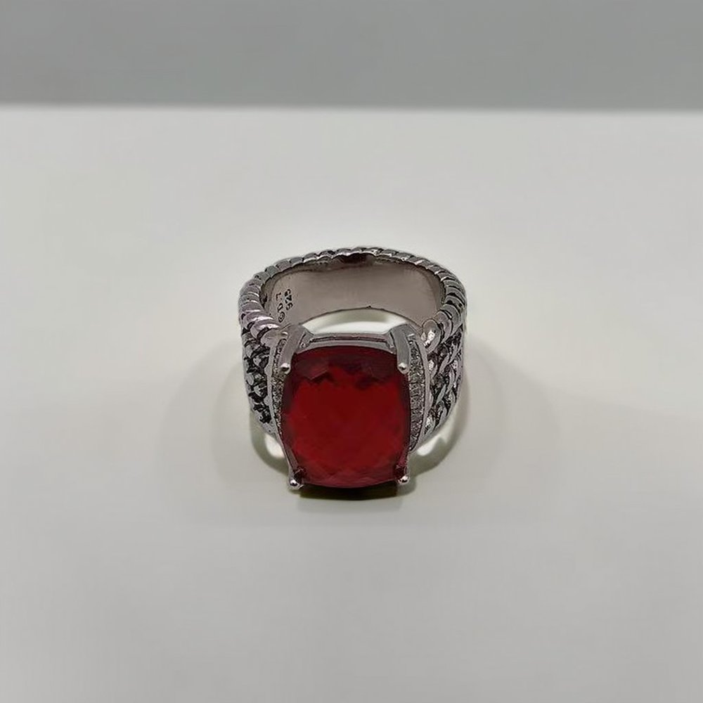 Ring with Red Garnet and Pave Diamonds in Sterling Silver